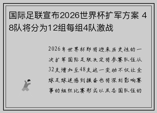 国际足联宣布2026世界杯扩军方案 48队将分为12组每组4队激战 国际足联宣布2026世界杯扩军方案 48队将分为12组每组4队激战